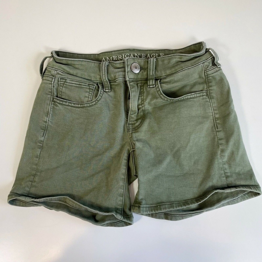 American Eagle AEO Twill Midi Skindigo Shorts Womens 00 Green Low Rise Stretch